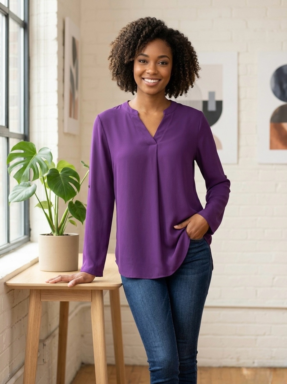 Purple V Neck Long Sleeve Blouse Medium Career Casual Lightweight Top